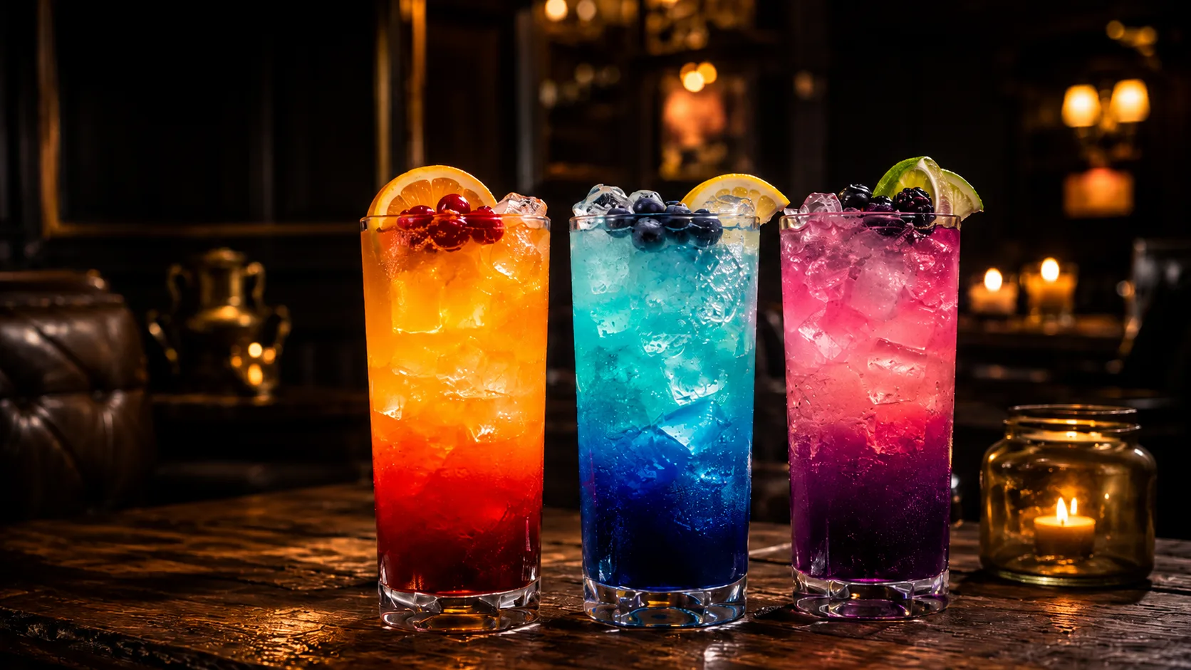 Three colorful loaded teas over ice in bright fruity flavors on a rustic pub table