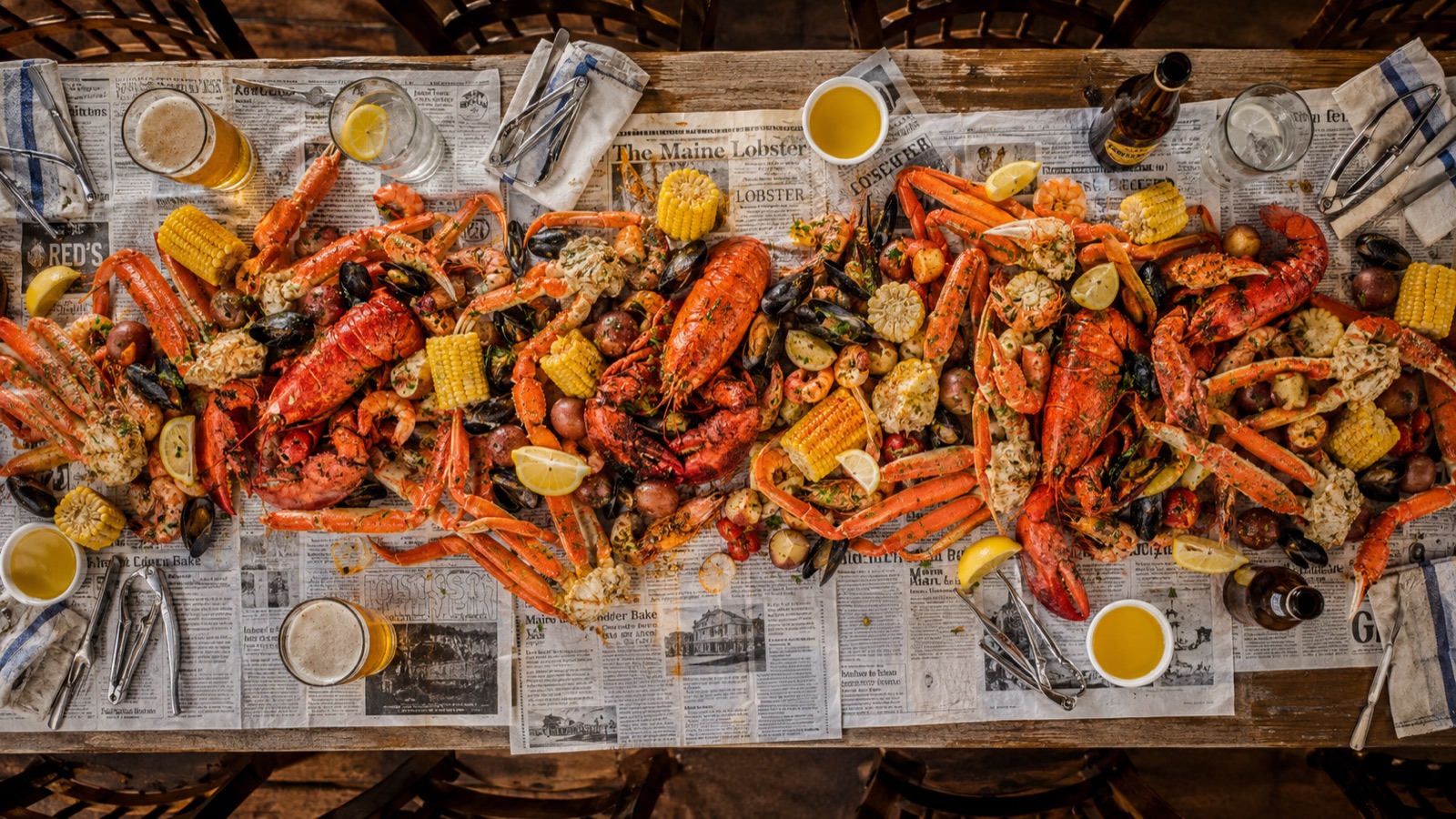 A maritime seafood boil spread with crab, lobster, corn and potatoes